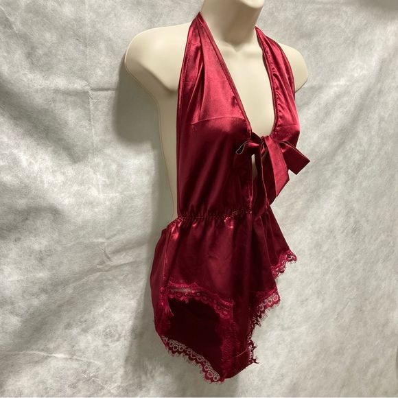 AVID LOVE Silky Satin Lace Halter Teddy Bodysuit One Piece Burgundy Womens Small - Picture 2 of 16